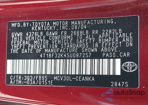 2005 Toyota Camry Le V6 z USA, uszkodzony, nr VIN 4T1BF32K45U087257